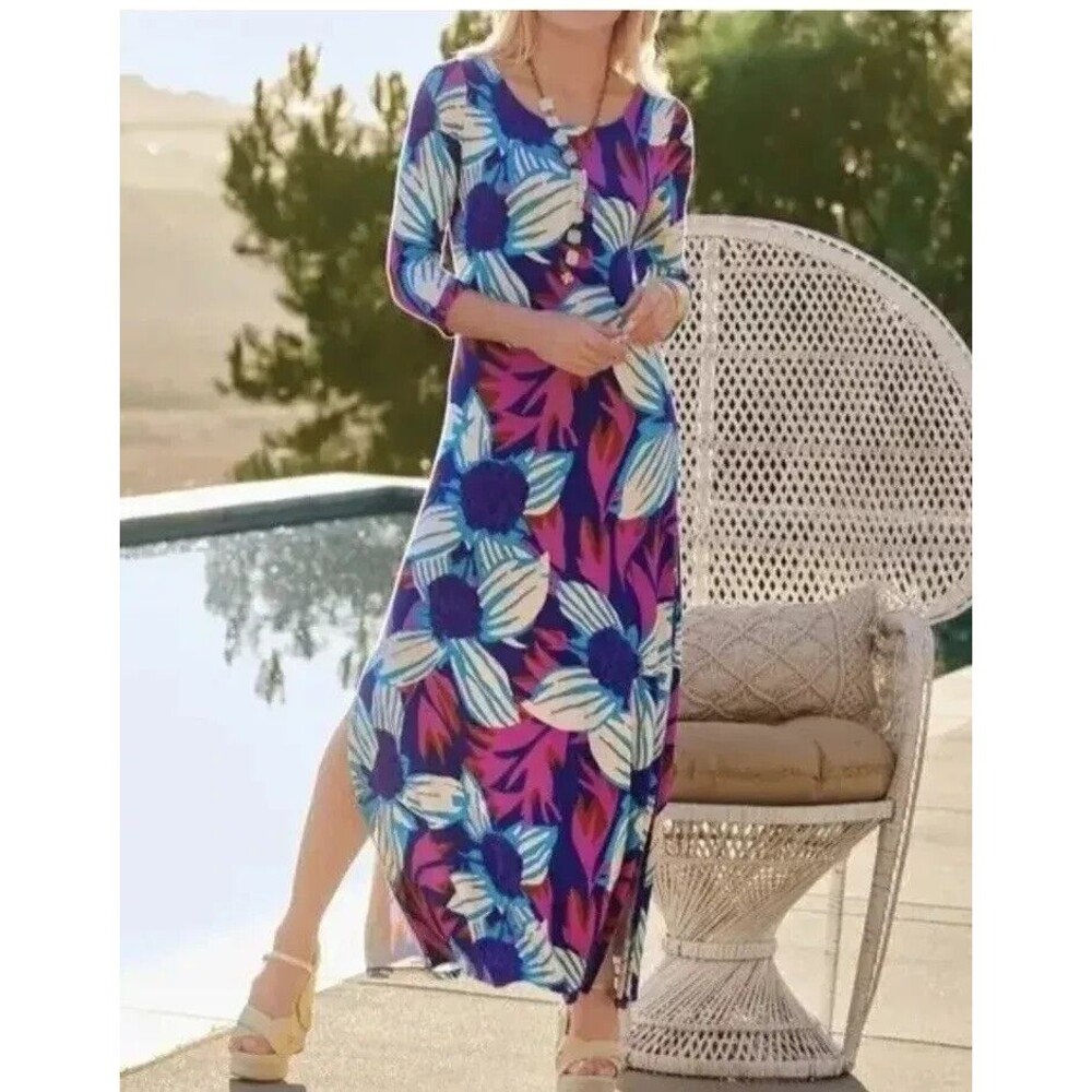 Soft Surroundings Serena Maxi Dress 2X Blue Floral Boho Jersey Resort Wear Comfy